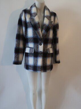NWT Womens Central Park West Ivory, Blue, Purple Plaid Blazer Jacket XS